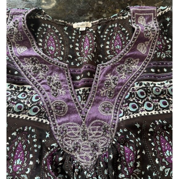 Studio Y Sheer Floral Paisley Beaded Blouse V Neck Sz XL Purple Whimsigoth - Picture 6 of 11
